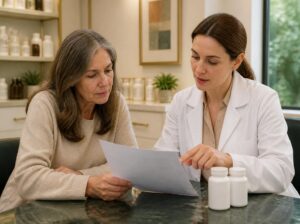 Breast cancer patient reviewing her medication list with a pharmacist