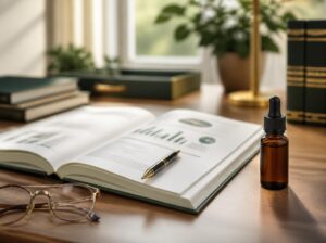 Cannabis and breast cancer research journal beside an unlabeled dropper bottle