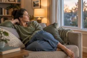  Adult resting on a sofa at home in the evening with a calm, thoughtful expression