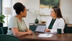 Patient discussing chronic pain history and medications with a clinician