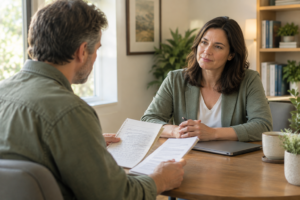 Patient with a notebook and medication list talking privately with a healthcare professional