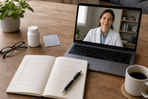 Symptom journal, identification, medication list, and laptop prepared for a telehealth medical cannabis evaluation