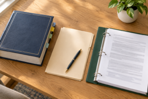 Federal and state legal documents on a desk representing medical cannabis and firearm laws