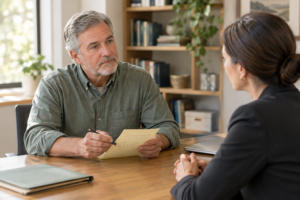 Patient discussing firearm law questions with an attorney in an office